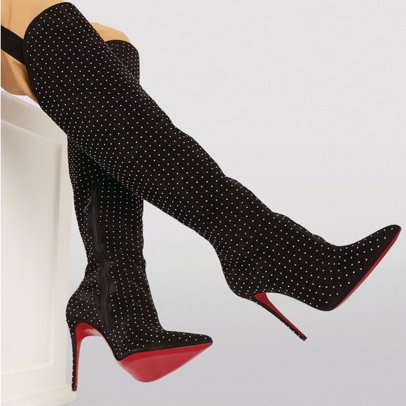 Christian Louboutin Alta Botta 100 Boots EU 38 US 8 Black Studded Over The Knee - Picture 2 of 4